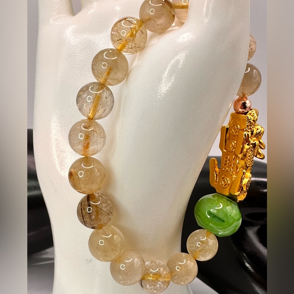 GOLD RUTILANT + GOLD PIXIU NATURAL BRACELET size 7” - Picture 3 of 12